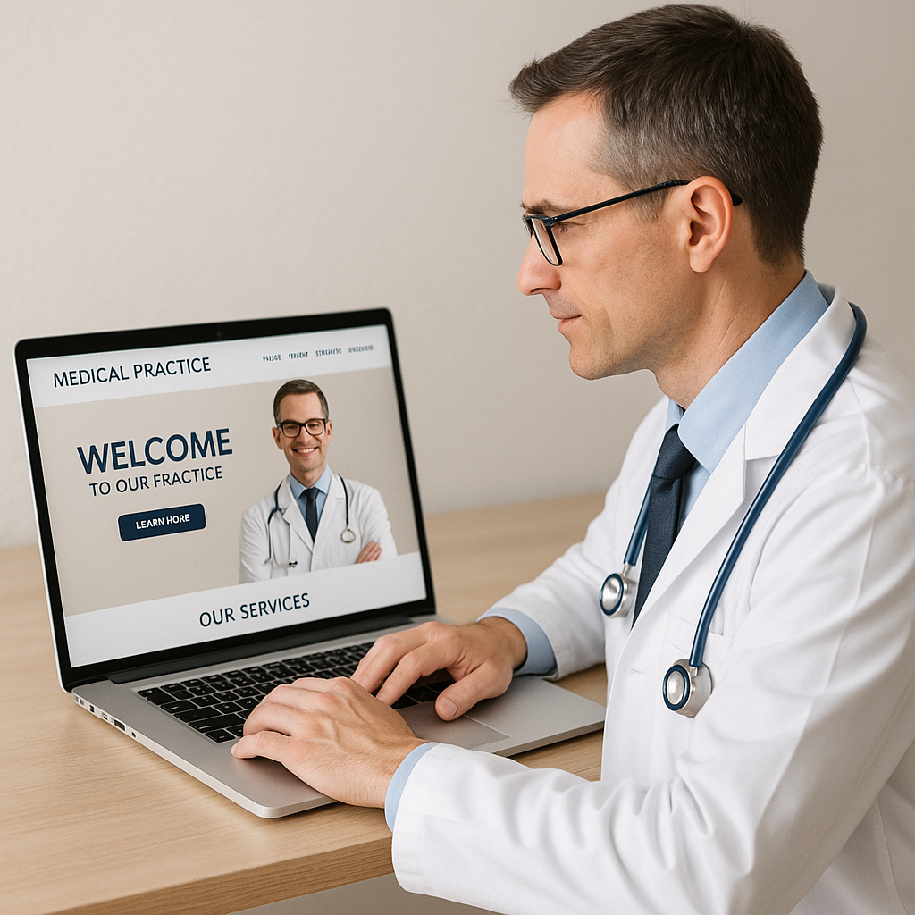 Professionelle Praxis-Webseite – Webdesign für den Gesundheitsbereich Arzt mit Brille und Stethoskop sitzt am Schreibtisch und betrachtet die Webseite einer Arztpraxis auf seinem Laptop – moderne Online-Präsenz und digitale Patienteninformation im Gesundheitswesen.
