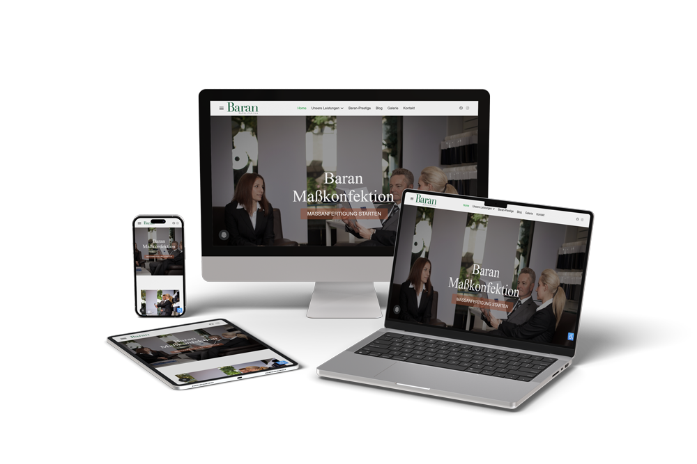 Responsive Webseite von Baran Maßkonfektion für individuelle Maßanfertigung und exklusive Businessmode, dargestellt auf Desktop, Laptop, Tablet und Smartphone – modernes Webdesign für Maßkonfektion, hochwertige Anzüge und persönliche Beratung.