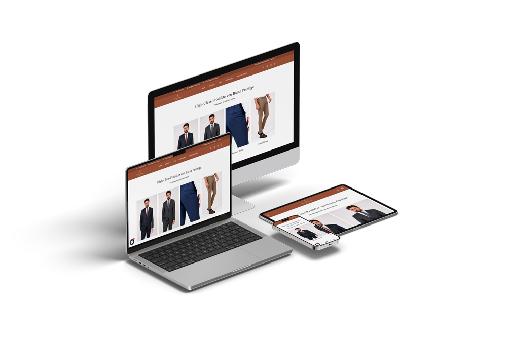 Responsive Onlineshop-Webseite von Baran Prestige für Business Mode, Maßanzüge und exklusive Herrenmode, dargestellt auf Desktop, Laptop, Tablet und Smartphone – moderne Online-Boutique für hochwertige Anzüge und Hosen, mobiloptimiertes E-Commerce-Design.