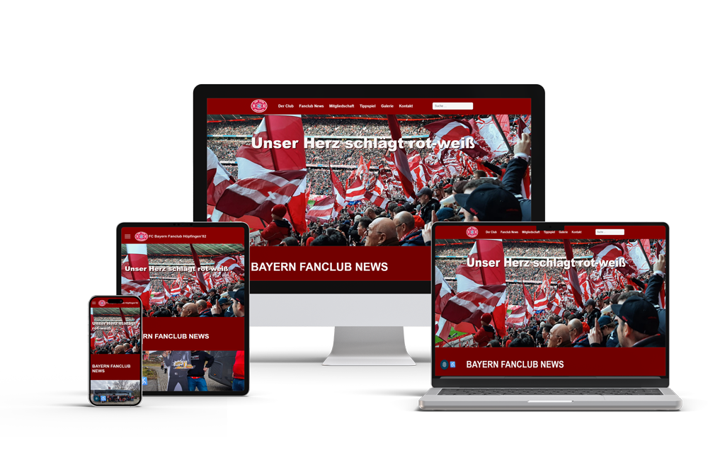 Responsive Webseite des Bayern Fanclub Höpfingen'82, dargestellt auf Desktop, Laptop, Tablet und Smartphone – modernes Webdesign für Fanclubs, aktuelle News, Vereinsleben und Fan-Events, optimiert für alle Endgeräte.