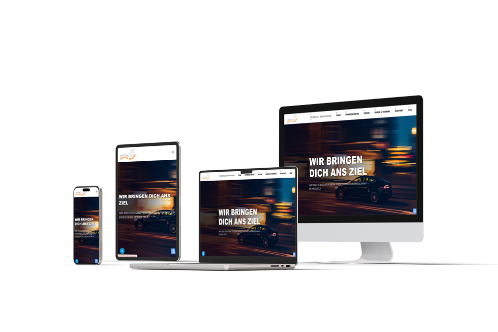 Responsive Webseite der Fahrschule Sascha Krause mit moderner Online-Anmeldung, dargestellt auf Smartphone, Tablet, Laptop und Desktop – optimales Webdesign für Fahrschulen, mobile Darstellung und digitale Kursbuchung für die Führerscheinausbildung