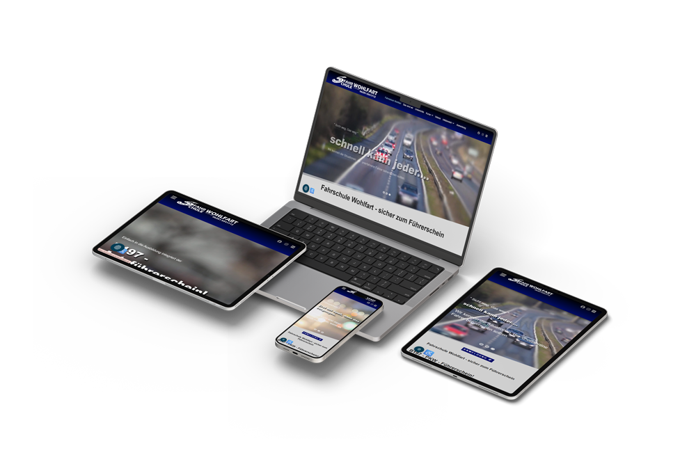 Responsive Webseite der Fahrschule Wohlfahrt, dargestellt auf Laptop, Tablet und Smartphone – modernes Webdesign für Fahrschulen, optimale Darstellung von Informationen zur Führerscheinausbildung, Kursen und Online-Anmeldung auf allen Endgeräten.