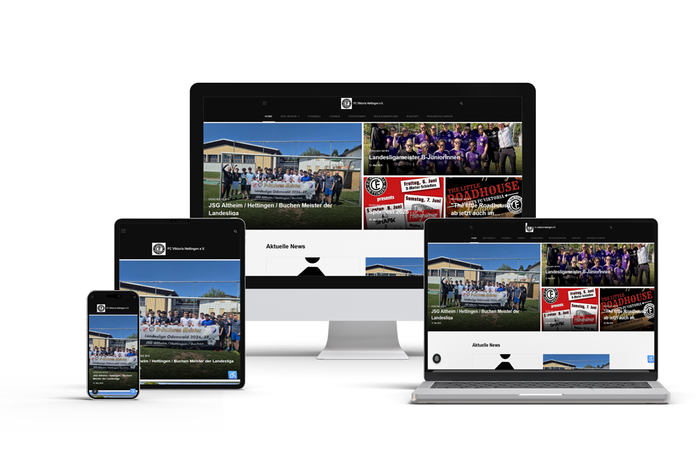 Responsive Webseite des Sportvereins FC Viktoria Hettingen, dargestellt auf Desktop, Laptop, Tablet und Smartphone – modernes Webdesign für Sportvereine, optimale Darstellung von Vereinsnachrichten, Fußballmannschaften und Veranstaltungen auf allen Endgeräten.