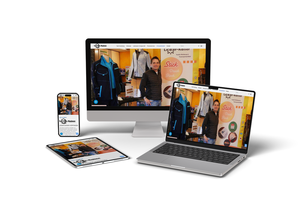 Responsive Webseite von Leder Kaiser in Höpfingen, Spezialist für Arbeitskleidung, Teamausstattung, individuelle Bestickung sowie Textilveredelung durch Stick, Druck und Plott, dargestellt auf Desktop, Laptop, Tablet und Smartphone – modernes Webdesign für Textildienstleistungen und Handwerk, optimale Präsentation der Produkte und Services auf allen Endgeräten.