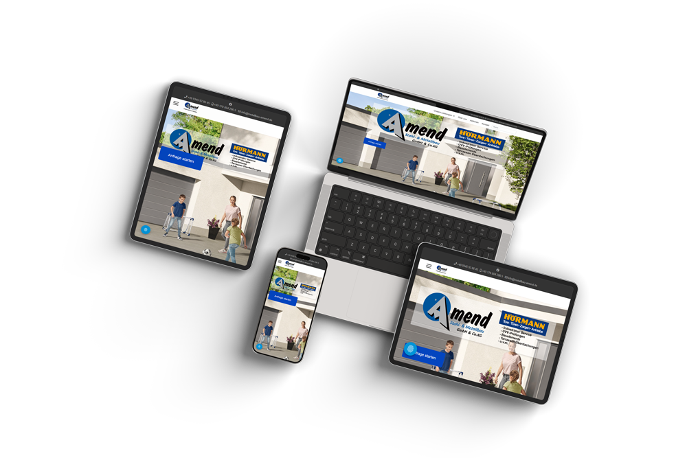 Responsive Webseite von Metallbau Amend, dargestellt auf Laptop, Tablet und Smartphone – modernes Webdesign für Metallbauunternehmen, optimale Darstellung von Leistungen rund um Garagentore, Türen, Industrietore und individuelle Metallbau-Lösungen auf allen Endgeräten.