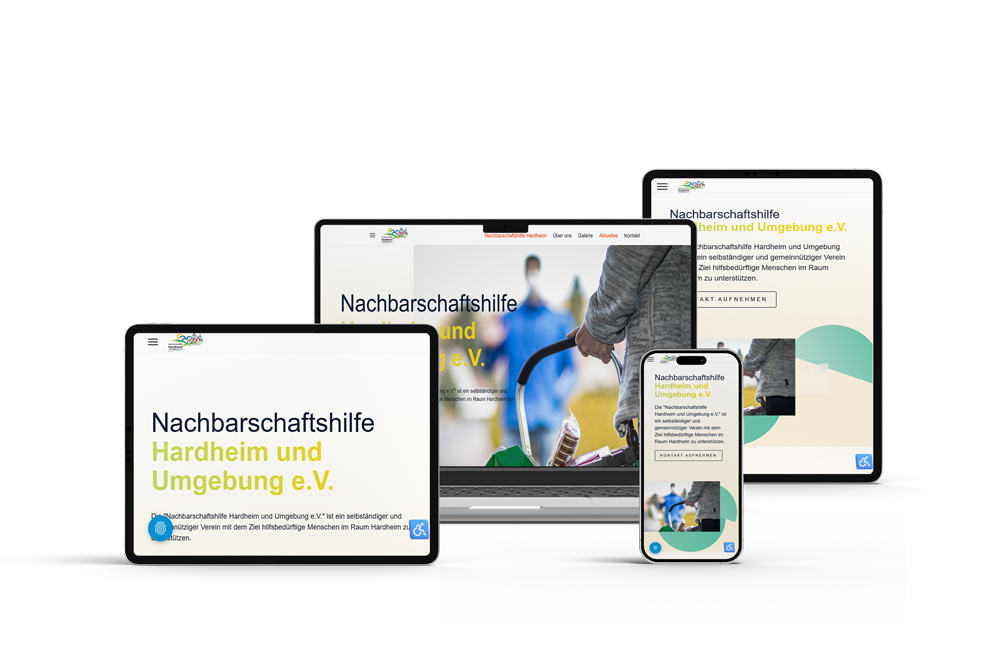 Responsive Webseite der Nachbarschaftshilfe Hardheim und Umgebung e.V., dargestellt auf Laptop, Tablet und Smartphone – modernes Webdesign für gemeinnützige Vereine, optimale Darstellung von Hilfsangeboten, Kontaktdaten und Informationen zur Unterstützung hilfsbedürftiger Menschen auf allen Endgeräten.