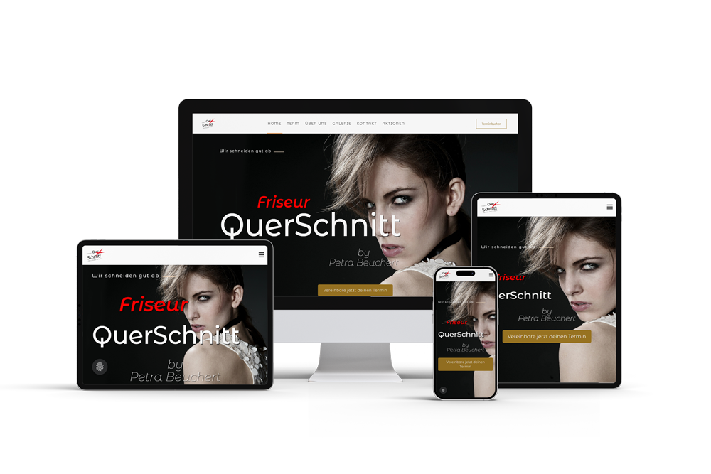 Responsive Webseite von Friseur QuerSchnitt Höpfingen by Petra Beuchert, dargestellt auf Desktop, Laptop, Tablet und Smartphone – modernes Webdesign für Friseure in Höpfingen, professionelle Präsentation des Friseursalons auf allen Endgeräten