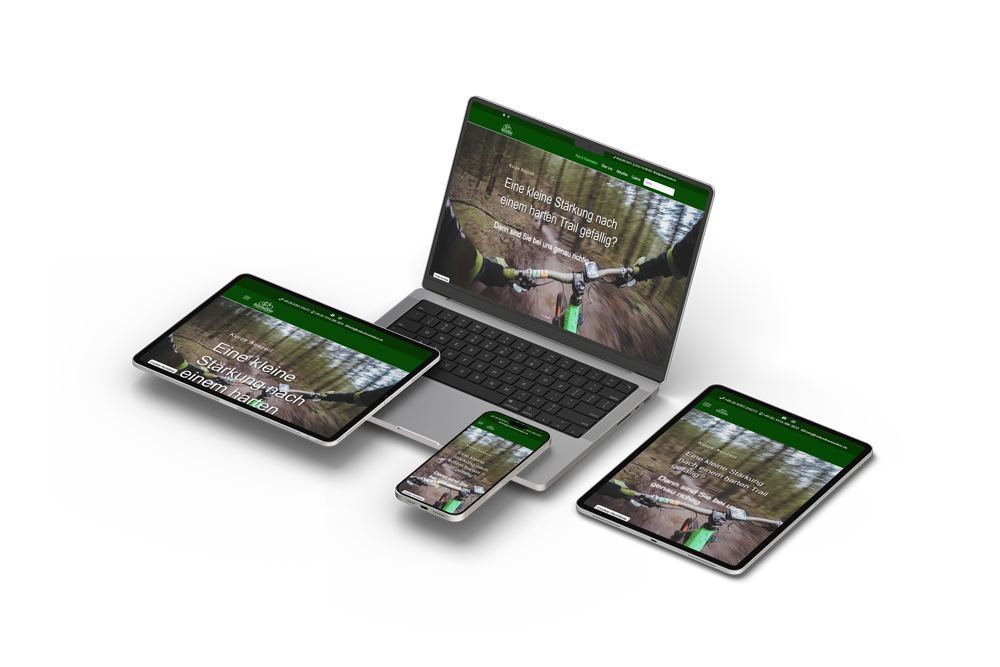 Responsive Webseite der Rad- und Raststation an Mühlgraben, dargestellt auf Laptop, Tablet und Smartphone – modernes Webdesign für Radfahrer, Wanderer und Outdoor-Begeisterte, mit Informationen zu Pausenmöglichkeiten und Verpflegung entlang des Radwegs, optimal für alle Endgeräte.