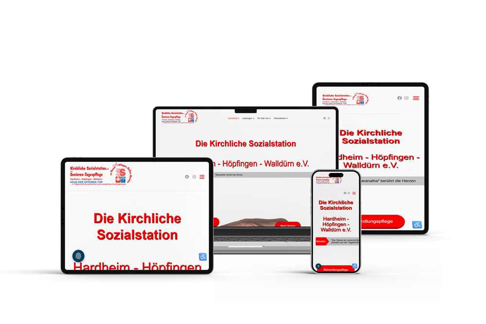 Responsive Webseite der Kirchlichen Sozialstation Hardheim-Höpfingen-Walldürn e.V., dargestellt auf Laptop, Tablet und Smartphone – modernes Webdesign für soziale Einrichtungen, optimale Darstellung auf allen Endgeräten und benutzerfreundliche Navigation.