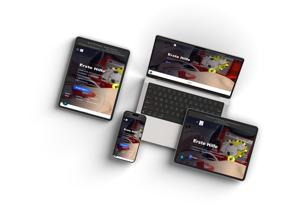 Responsive Webseite von Toms Medical Service für Erste-Hilfe-Kurse, Notfalltraining und medizinische Fortbildungen, dargestellt auf Laptop, Tablet und Smartphone – modernes Webdesign, optimale Darstellung von Kursangeboten und Buchungsmöglichkeiten auf allen Endgeräten.