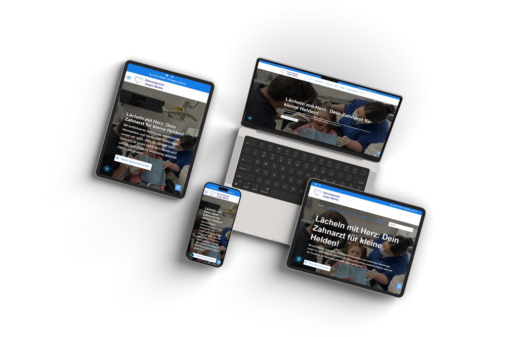 Responsive Webseite der Zahnarztpraxis Merkle für Kinderzahnheilkunde, dargestellt auf Laptop, Tablet und Smartphone – modernes Webdesign für Zahnärzte, optimale Darstellung auf allen Endgeräten, kinderfreundliche Ansprache und Terminbuchung online.