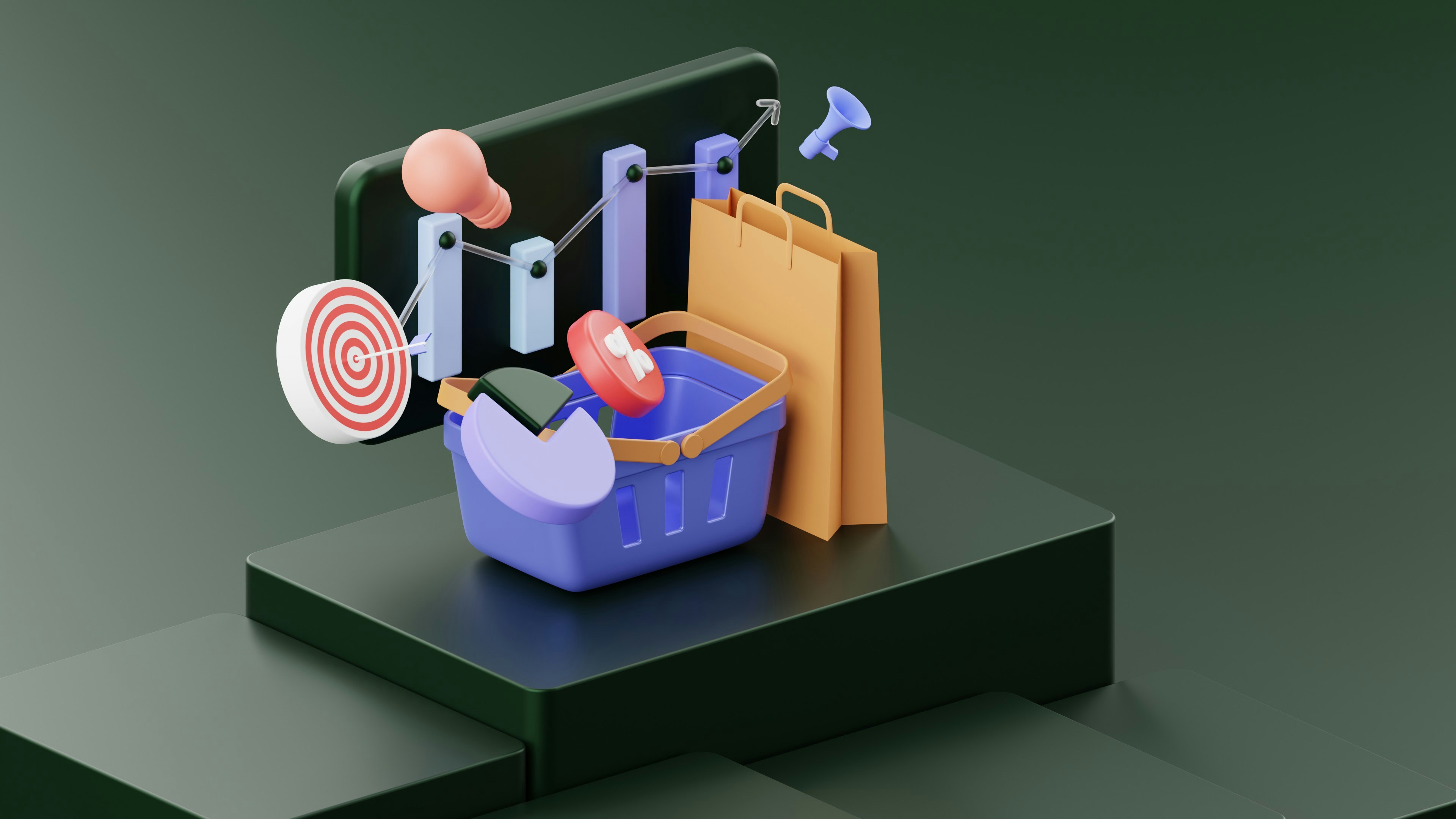 Erfolgreicher Onlineshop Moderne 3D-Darstellung mit Einkaufskorb, Einkaufstasche, Diagrammen und Zielscheibe – Symbolbild für erfolgreichen Onlineshop, E-Commerce und digitales Marketing.
