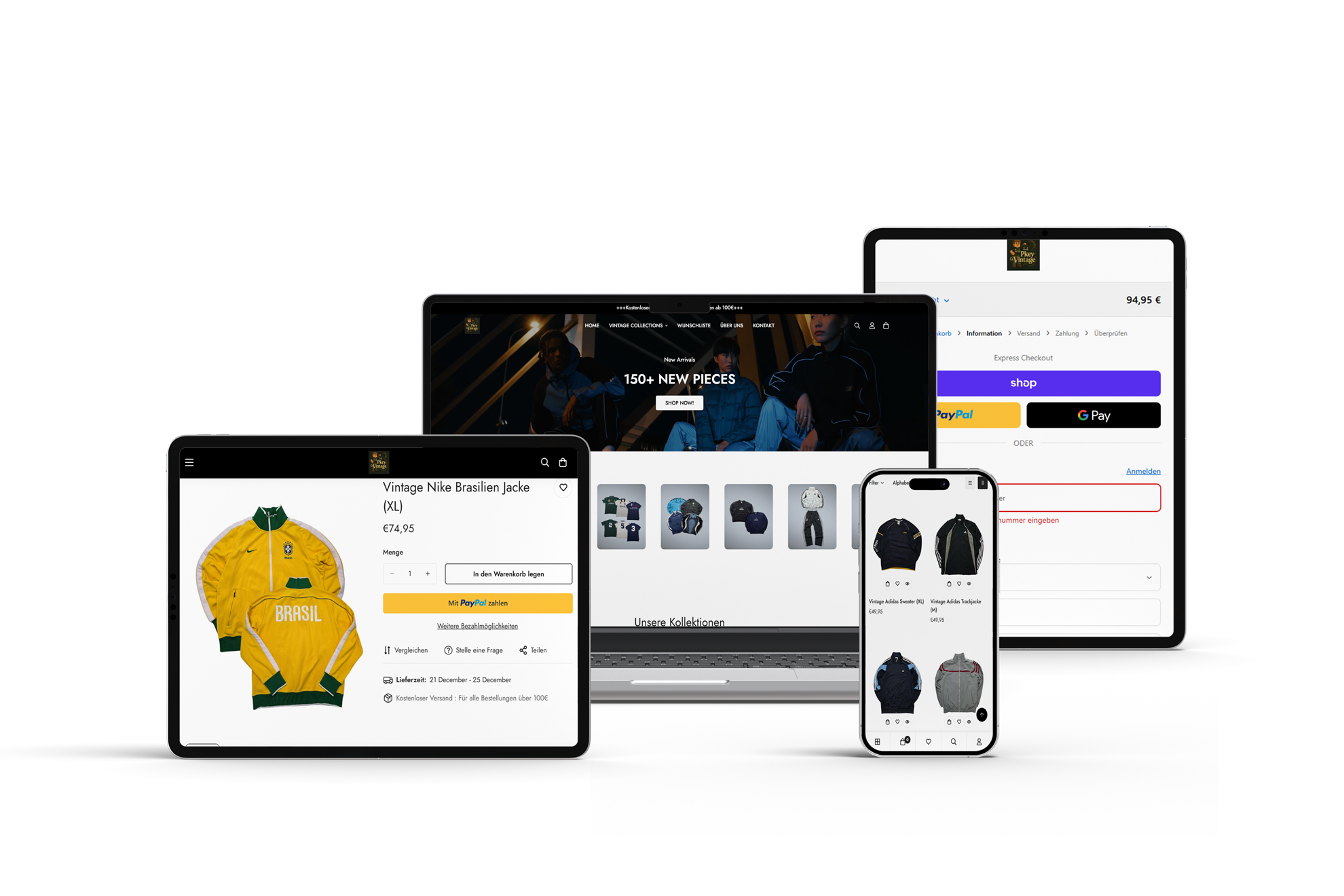 PKeyVintage – Vintage & Y2K Streetwear Onlineshop Responsiver Online-Shop für Vintage-Streetwear mit Produktansicht, Kategorieseiten und Checkout auf Desktop, Tablet und Smartphone