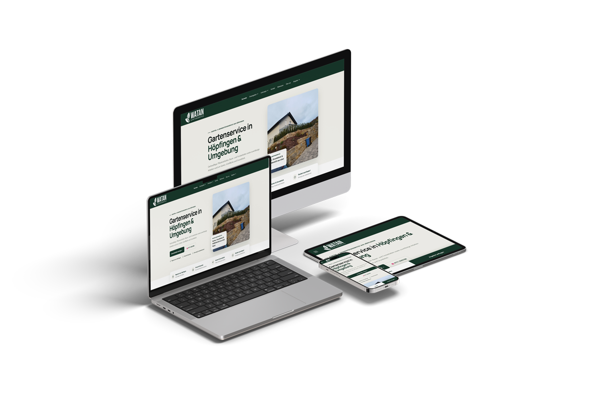 Responsive Website von Watan Gartenservice auf Desktop, Laptop, Tablet und Smartphone